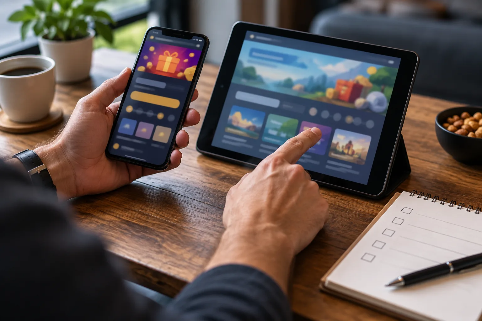 A player's hands comparing two screens, The player points to differing sections on the two screens while leaving the