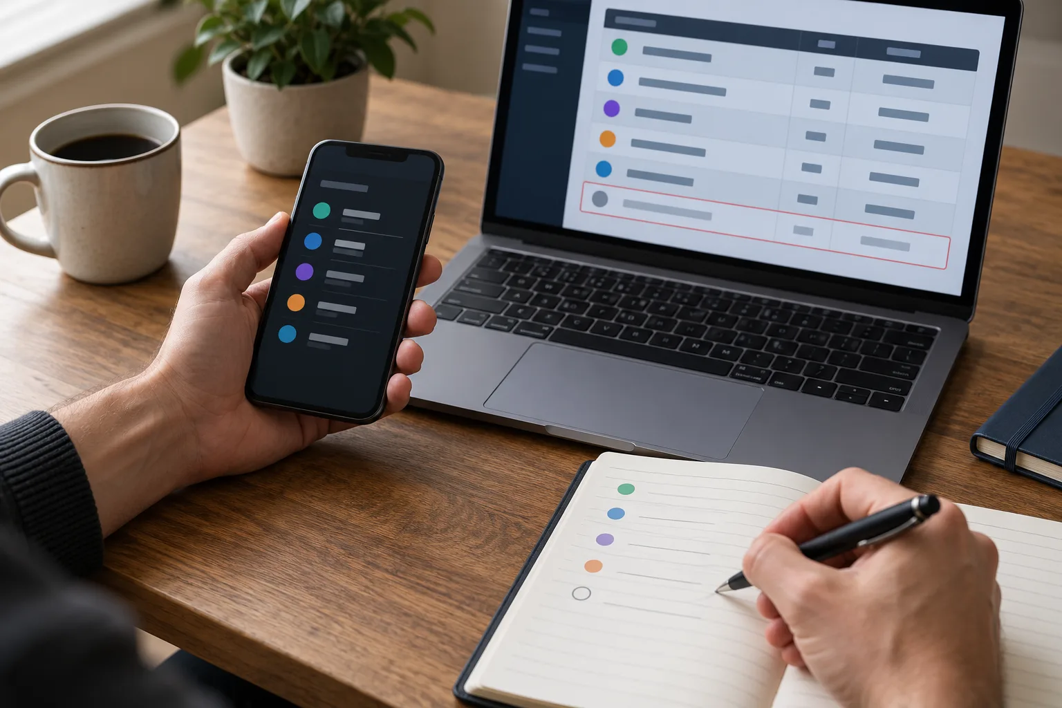 Hands arranging two transaction records for comparison, The player places the phone beside the laptop and marks the