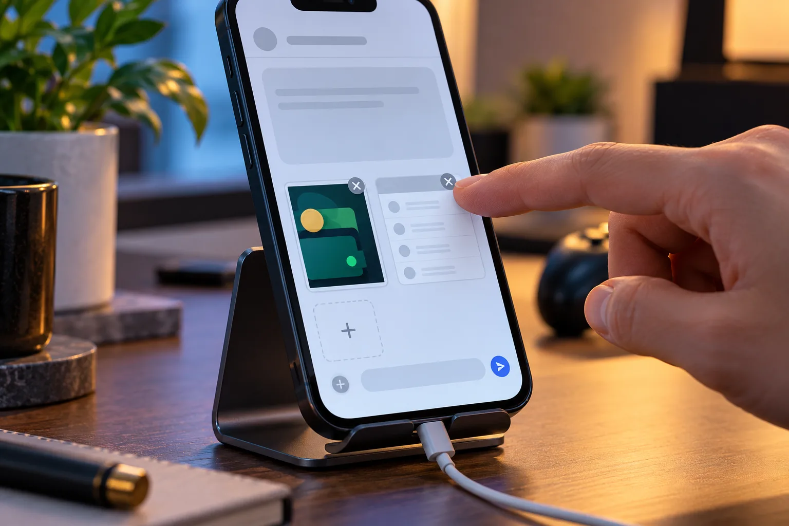 An anonymous adult assembling evidence for a payment dispute, A fingertip attaches the second evidence thumbnail so the