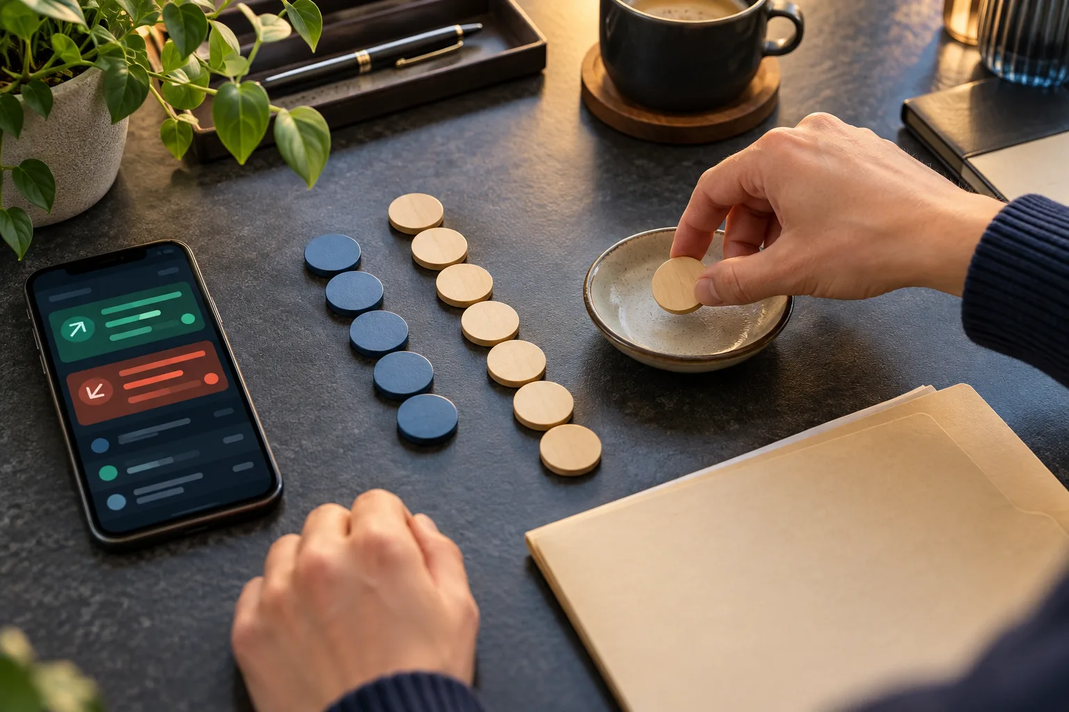 Anonymous hands isolating a discrepancy between payment records., A hand lifts the unmatched token from the longer row into