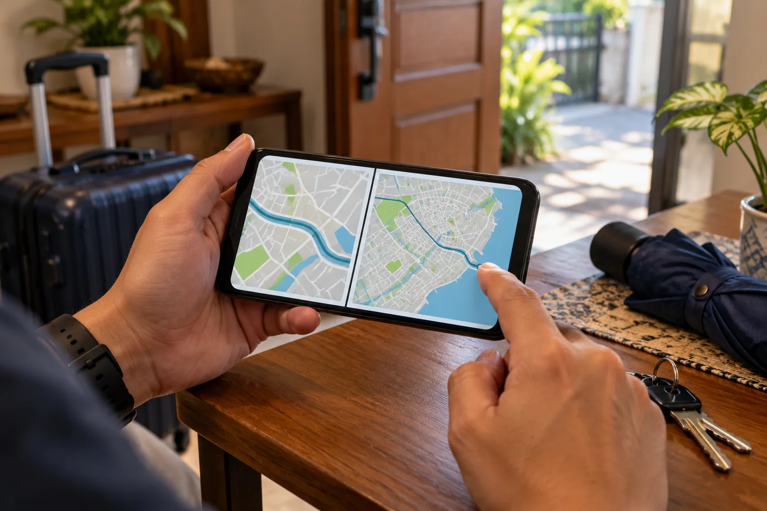 Anonymous hands comparing a tightly cropped route image with its complete version on one phone, A fingertip points to a road