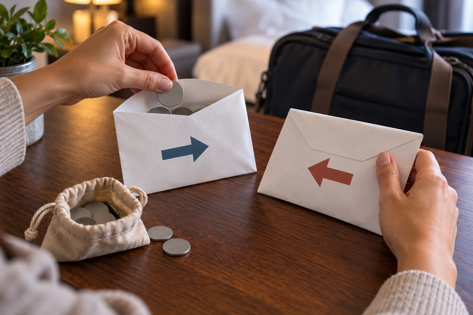 Anonymous hands allocating plain transport tokens between outward and return journey envelopes, One hand adds tokens to the