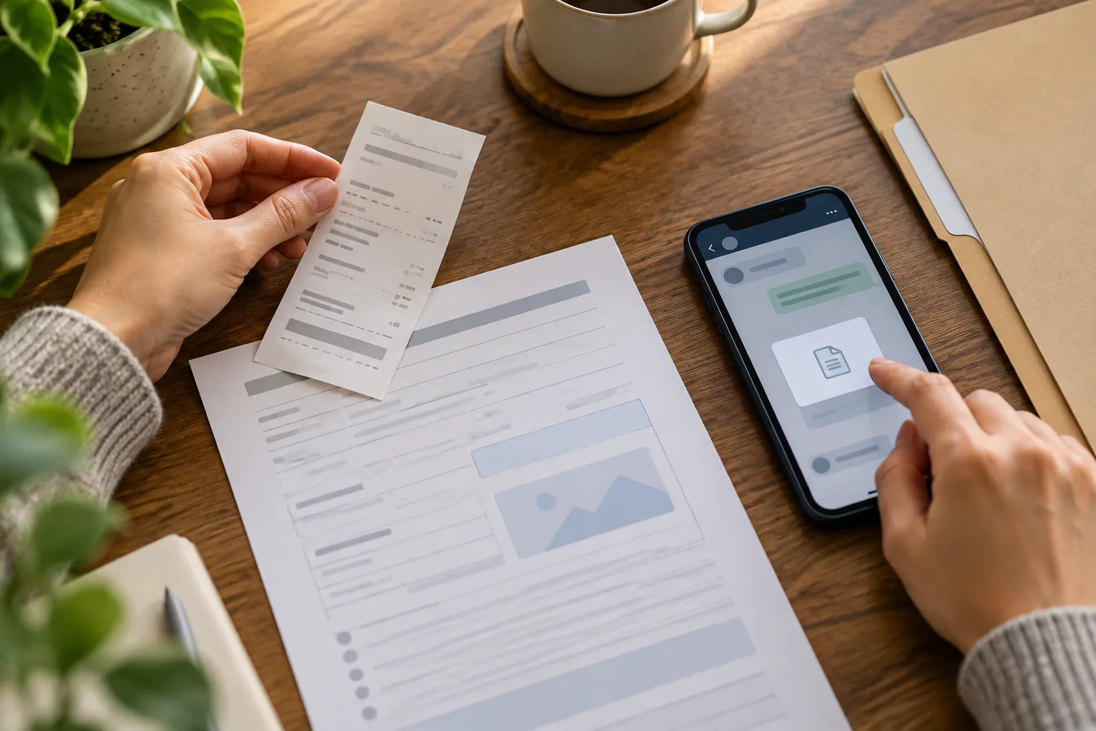 Anonymous hands arranging recruitment correspondence and payment evidence beside a phone, One hand places the receipt beside