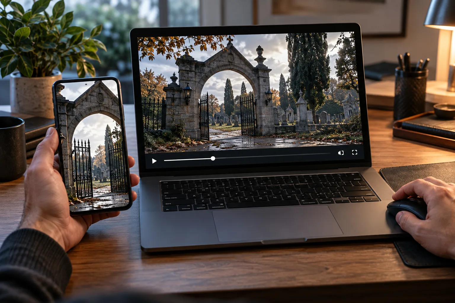 Anonymous hands scrubbing through matching cemetery scenes on two video views., The reader pauses both views on the same