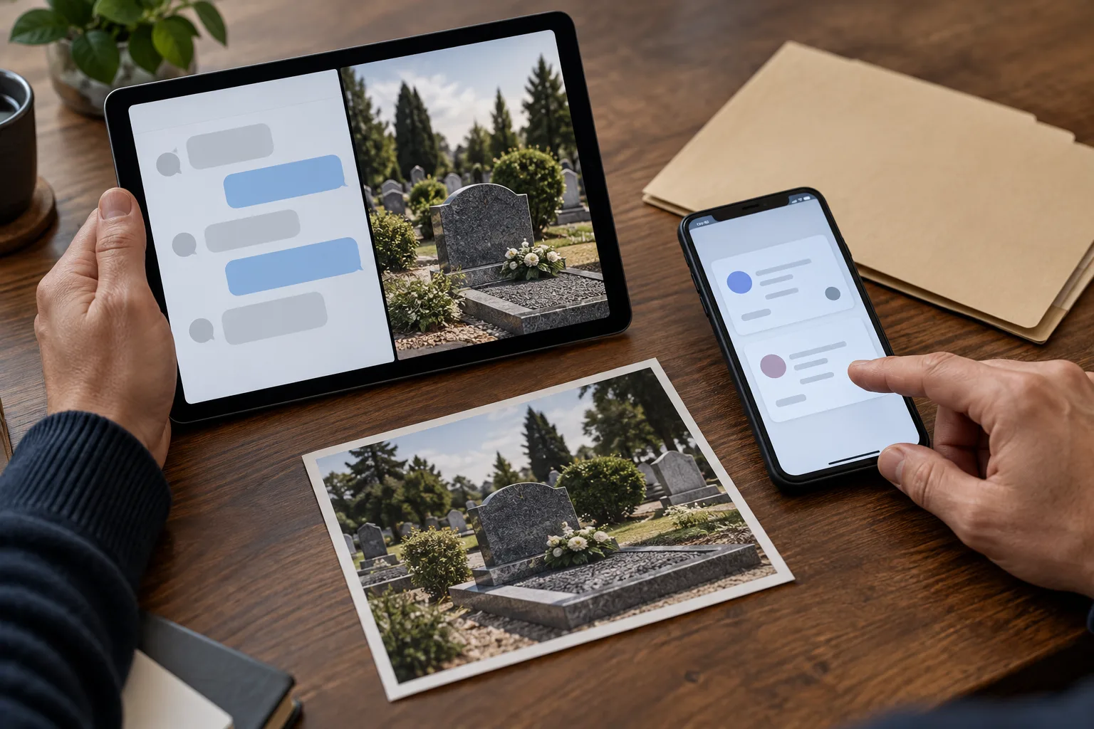 Anonymous hands arranging payment evidence alongside a photograph of a cemetery plot., A finger moves between the two