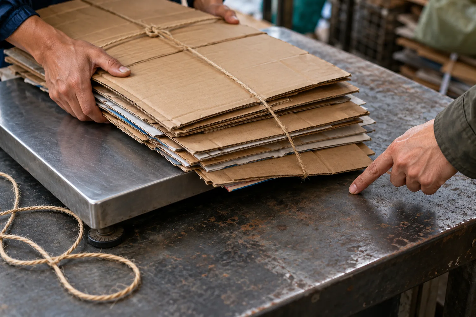 Anonymous hands pointing to cardboard extending off a weighing platform onto the surrounding counter, One hand indicates