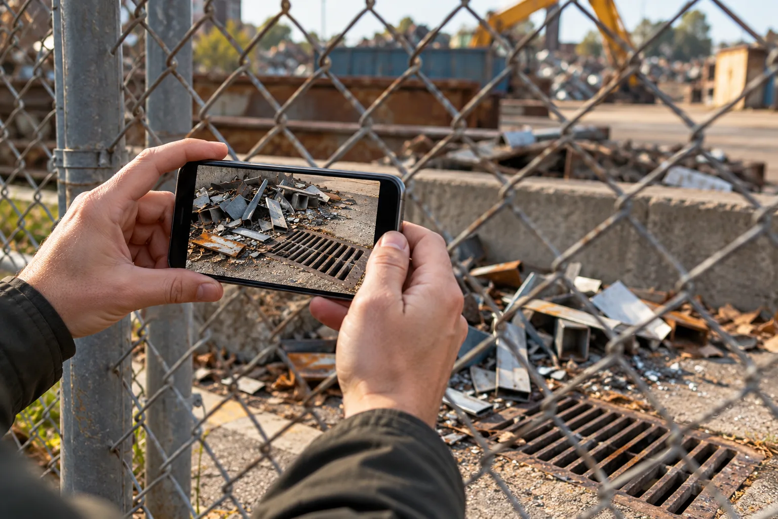 An anonymous person's hands photographing loose scrap beside a drain from outside the boundary, The phone's active camera